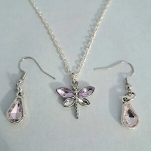 Dragonfly Necklace Tear Drop Earrings Set Silver Toned Handcrafted Fairy Whimsy